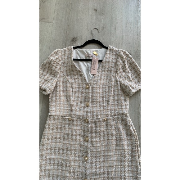 NWT Nanette Lepore tweed dress Buttons style  14 classic elegant warm sand white - Picture 2 of 13